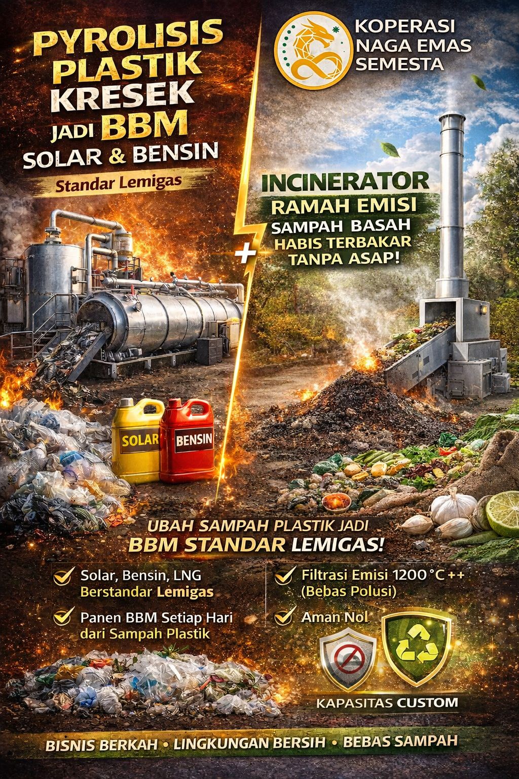 Paket Mesin Pirolisis Plastik Jadi BBM dan Incinerator Ramah Emisi NES